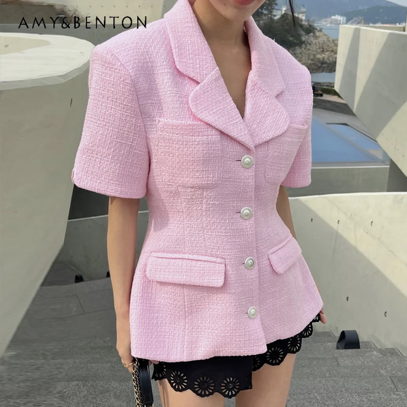 Korea Chic Graceful Lapel Multi-Pocket Short Sleeve Tweed Coat Women Commute Style Fashion Temperament Single-Breasted Slim Coat