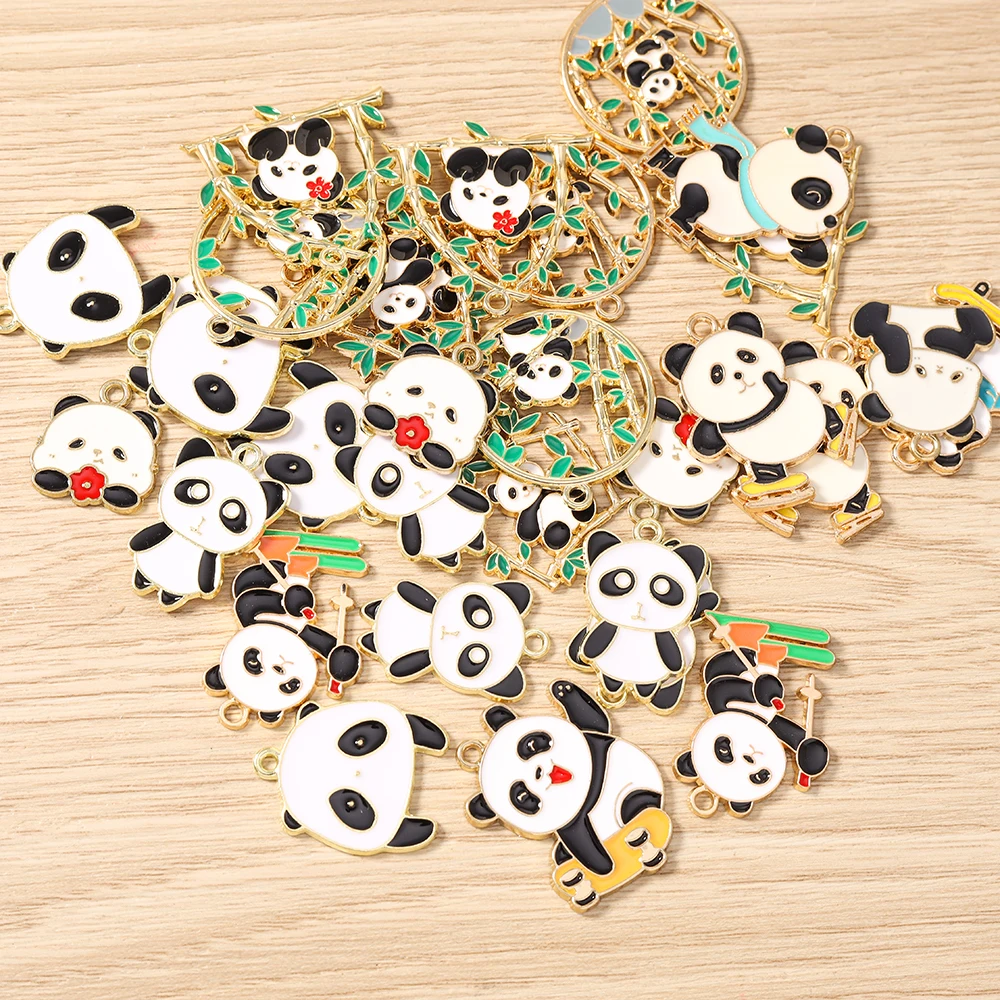 10 Stück gemischte Cartoon-Tieranhänger aus Emaille, Panda-Bambus-Anhänger für die Herstellung von Ohrringen, Halsketten, DIY-Bastelarbeiten, Schmuckzubehör – Detail 3