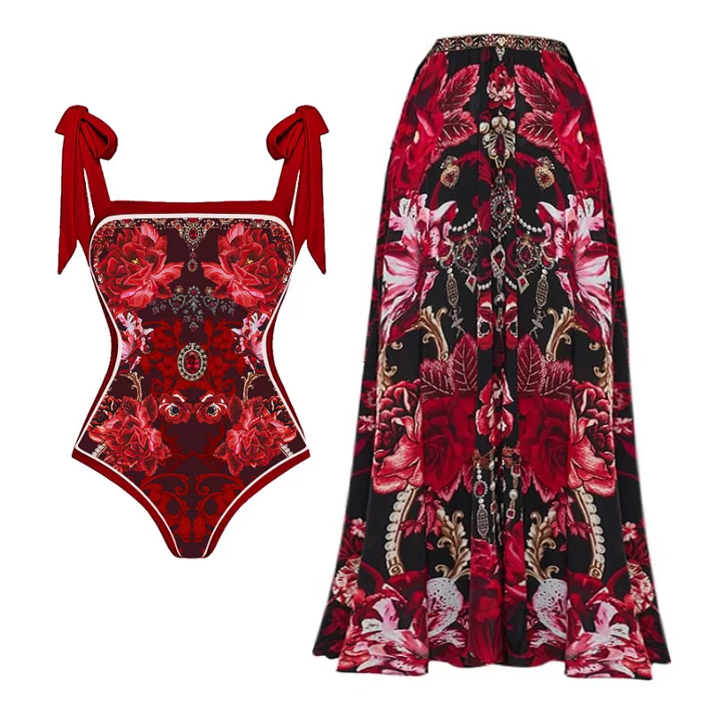 

Women's Floral Two-Piece Swimsuit Set With cover up Bow-Tie Straps Swimwear and Sarong Vocation Bathing Suit Beach Swimming Suit