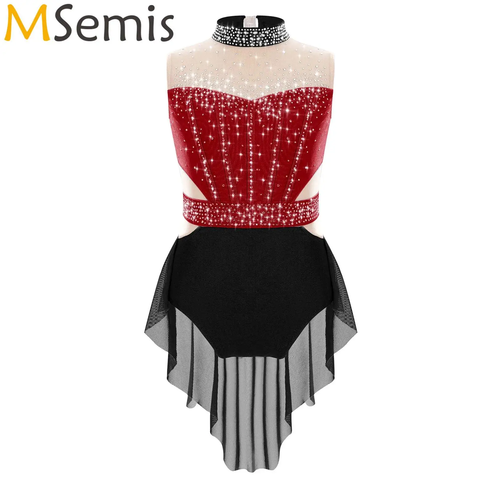 Kids Girls Rhythmic Gymnastics Figure Skating Dance Costume Shiny Rhinestones Mesh Ballet Jersey Lyrical dance Skirted Dress