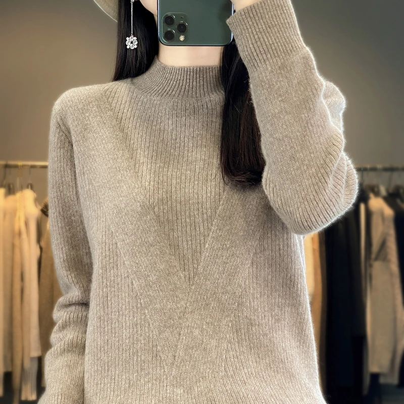 LDZWSM New Wool Knitted Pullover Women's Semi-Turtleneck Long-sleeve Sweater Fashion Warm Tops Thick Female Jacket Autumn