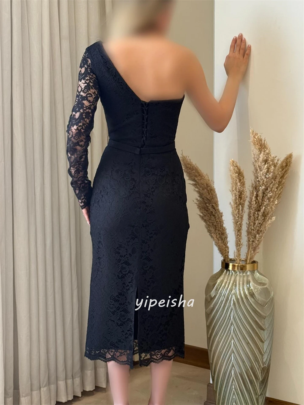 Customized Formal Simple Lace Pleat Ruched Straight One-shoulder Tea Length Dresses Bespoke Occasion Dresses Sizes Available