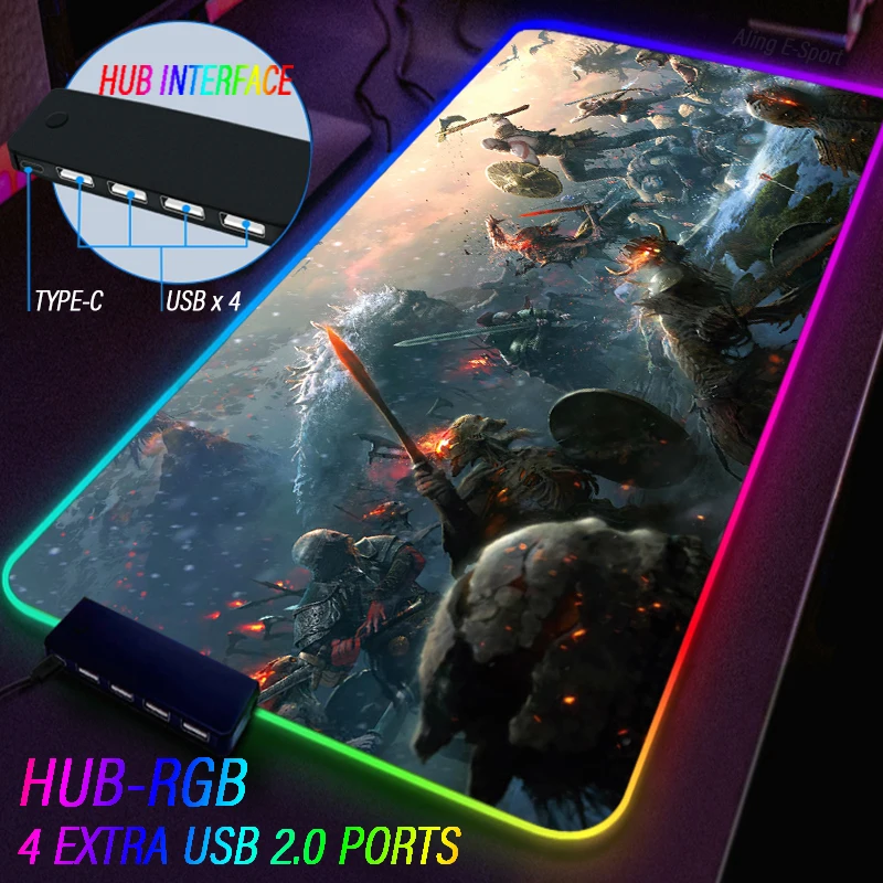 Imagem -04 - Grande Kratos Atreus Mouse Pad Rgb Brilhante Tapete de Teclado Esports com Hub Extensível Tapete Usb Phantom Color God of War Portas