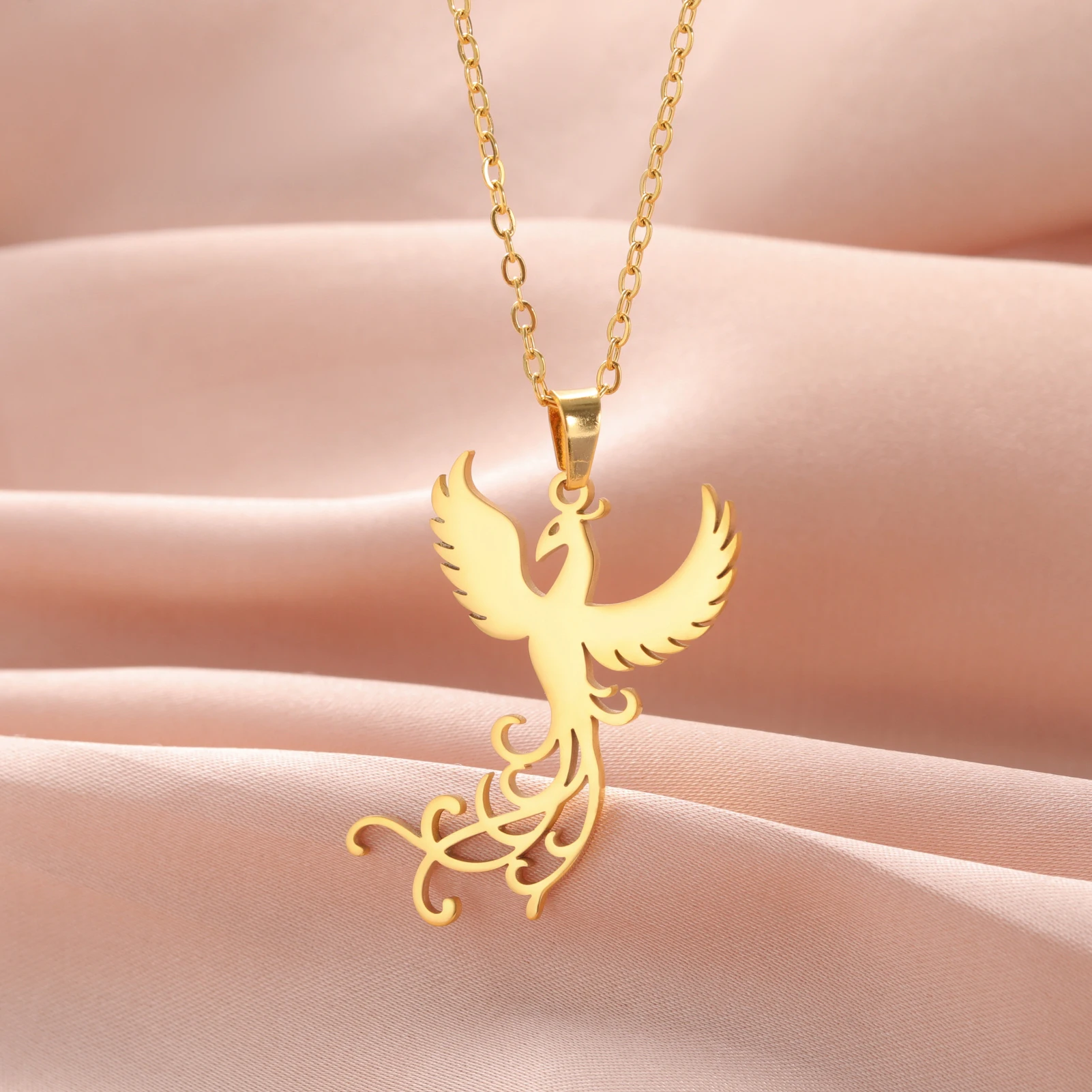 Exquisite Phoenix Flamingo Pendant Necklace Stainless Steel Natural Animal Unisex Rebirth Bird Natural Talisman Jewelry