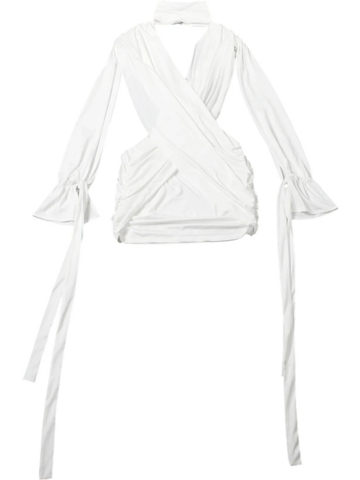 SsTss 2025 outono inverno manga longa bodycon mini vestido para mulheres cor sólida decote em v profundo corte cintura drapeado vestido de festa sexy