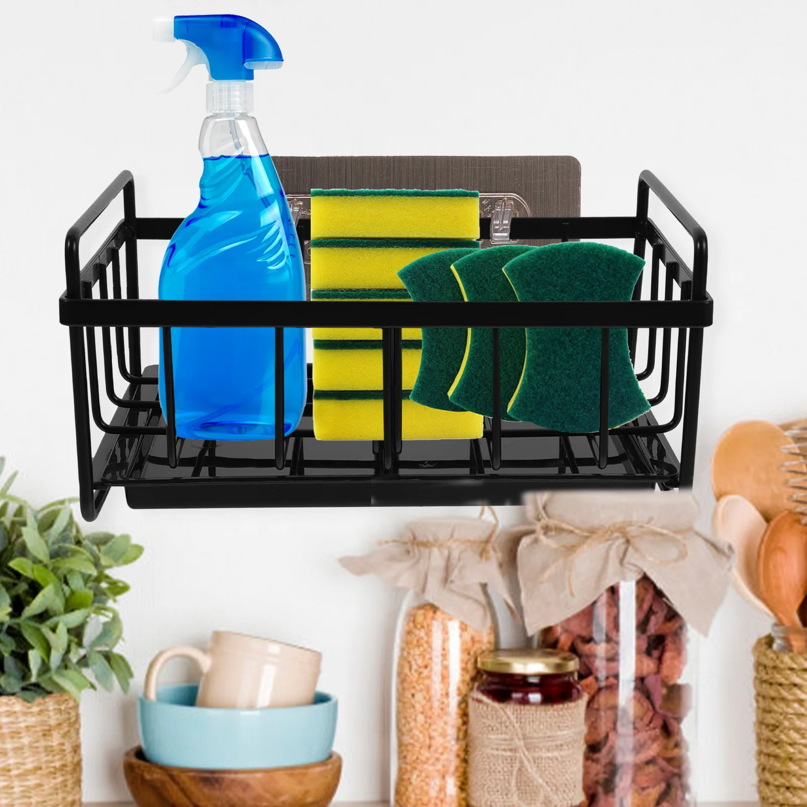 

Carbon Steel PP Kitchen Sink Sponge Holder Black Draining Rack for Sponges Soap Brushes Water Tray Design Storing Accessories