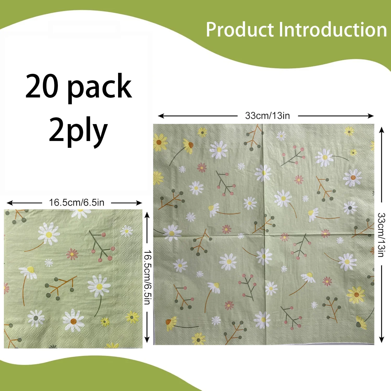البابونج المطبوعة منديل الأنسجة الخضراء حفلة عيد ميلاد لوازم أدوات المائدة منصات منديل ورقي للاستعمال مرة واحدة نمط زهرة طازجة صغيرة #2