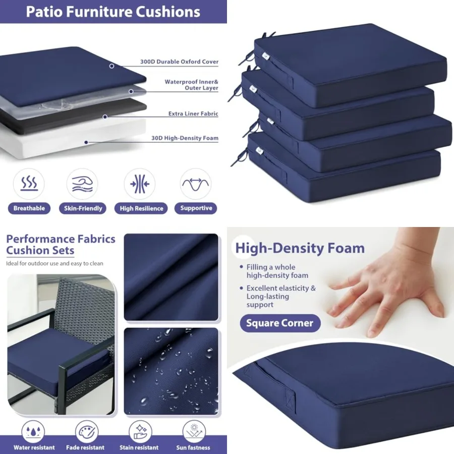 

Outdoor Chair Cushions Set of 4 -Waterproof Outdoor Seat Cushions for Patio Furniture, Patio Chair Cushion with Handle and Ties, Square Out Door Chair Pads,19" x 19" x 3", Navy Blue