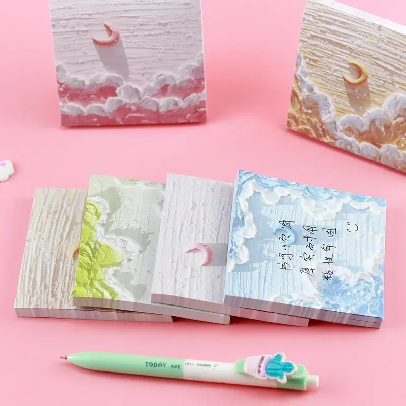 80PCS Kawaii  Landscape Oil Painting Sticky Note Girl's Heart Tent Bottom Material Notepad Can Be Attached with Note Paper