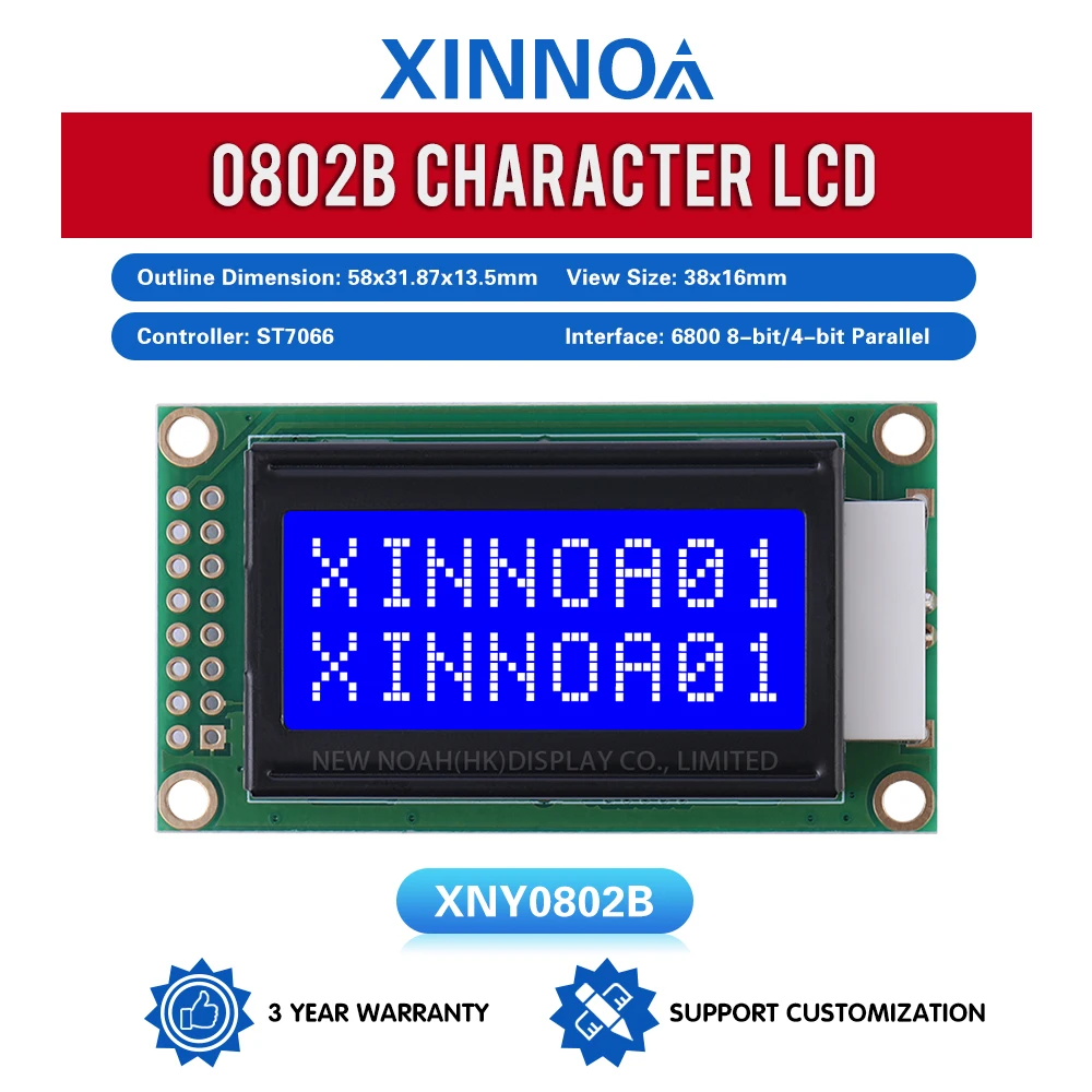 Blue Film White Letters 0802B Character Dot Matrix Screen 02 x8 LCD 58X31.87X13.5Mm 8*2-Character LCD Screen Cob LCD Module