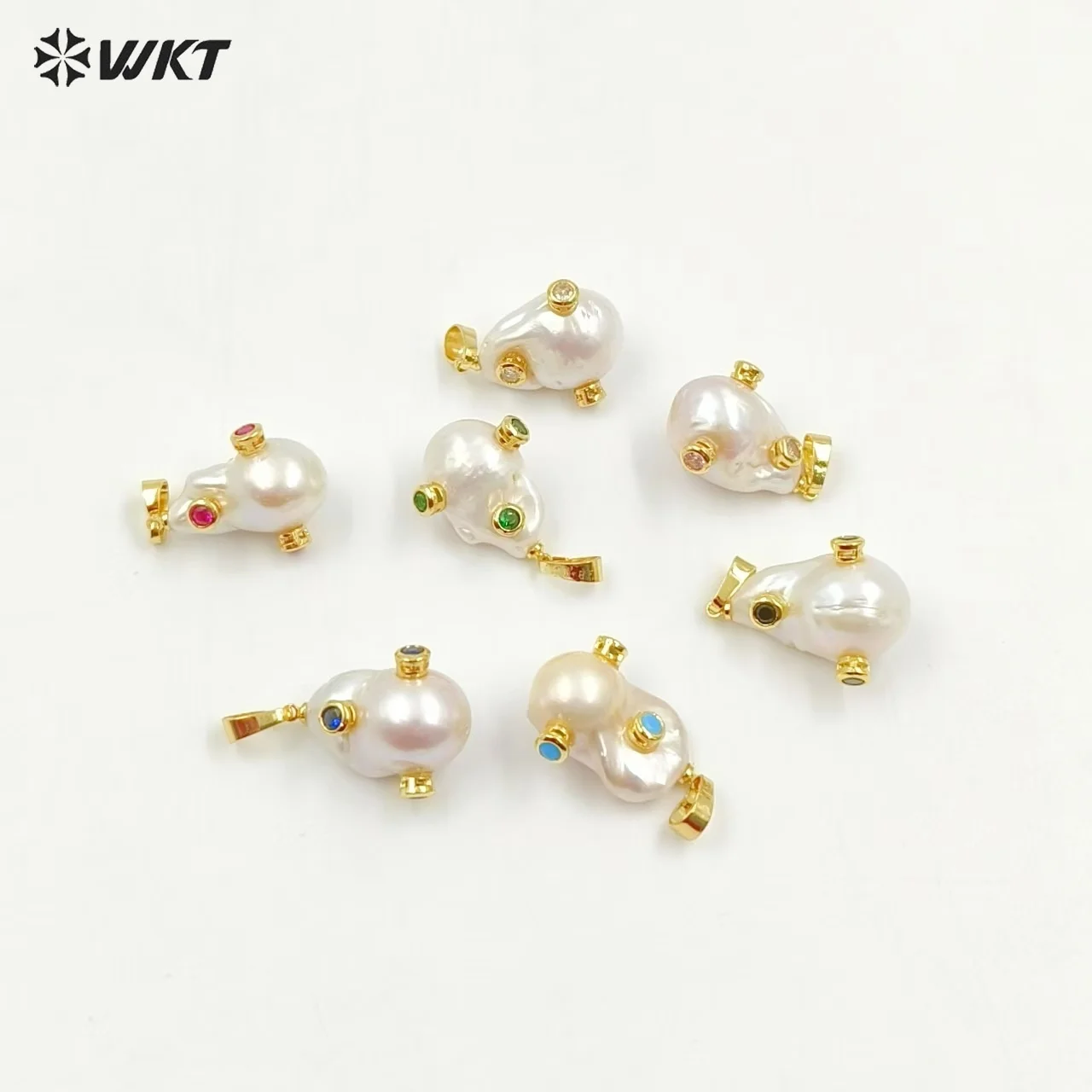 

WT-MP138 Natural Freshwater Pearl Pendant & CZ Paved Random Shape With Multi Color Gem stone paved Pearl Charm Pendant