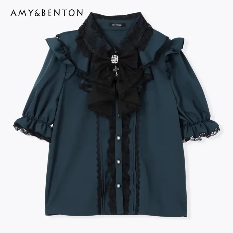 

25COSJapanese Women Shirt Mine Series Sweet Lace Cute Bow Топ с короткими рукавами Рубашки в стиле Лолиты Camisas De Mujer Свободные повседневные рубашки