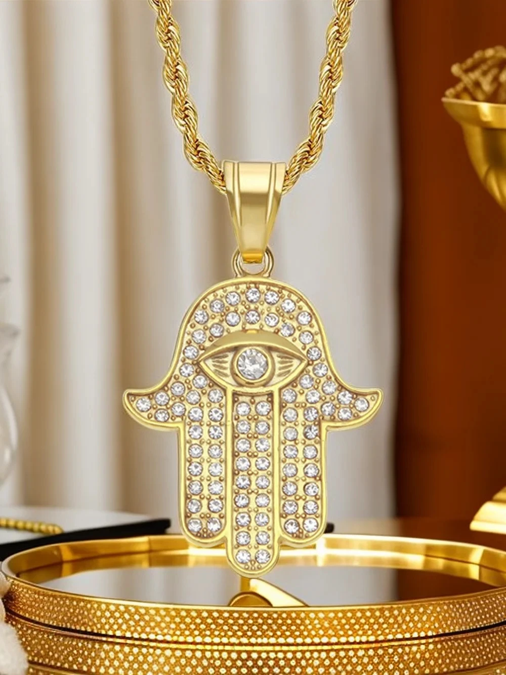 Hamsa Hand of Fatima Necklace Pendant & Chain For Men Women\'s Gold Color Stainless Steel Palm Necklaces Turkish Jewelry Gift