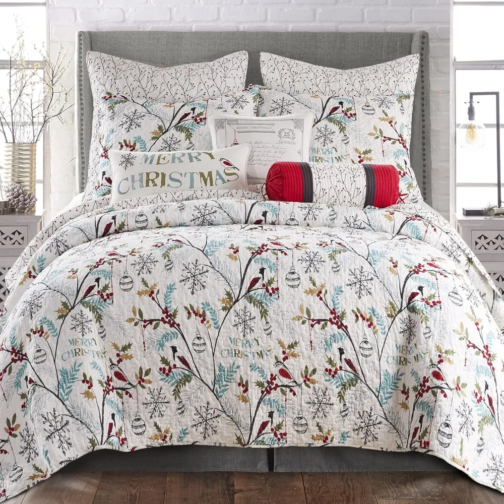 Holly Quilt Set - King/Holiday Quilt 106x92 and Two King Pillow Shams 20x36- Teal Red Green White - Reversible - Cotton