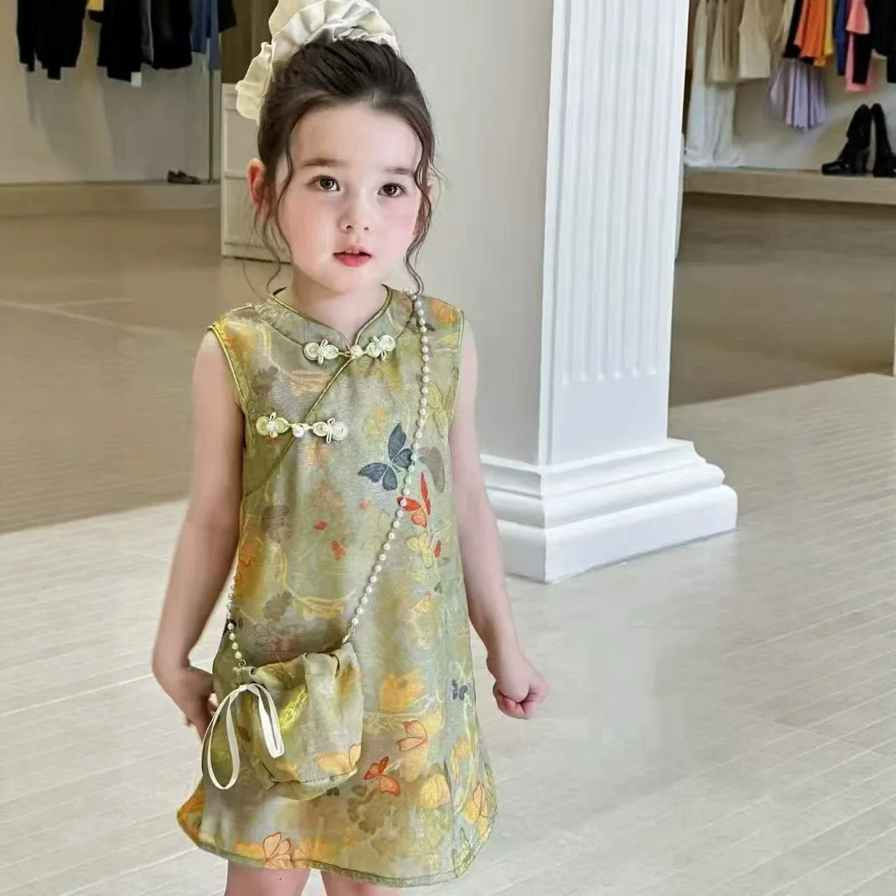 2026 Summer New Girls' Dress Children's Clothing Ethnic Style Buckle with Bag Cheongsam Butterfly Dress for Kids