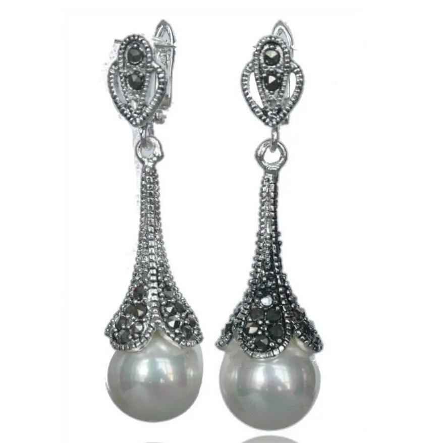 

Fashion jewelry Marcasite 925 Sterling Silver White Round Shell Pearl Dangle Long Earrings 1.8inch