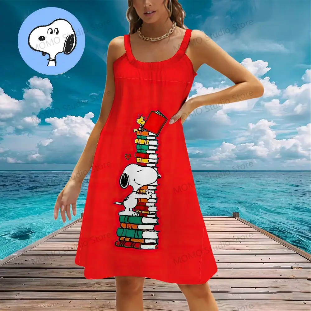 Kawaii Snoopy Damskie Sukienki Plażowe Y2k Chusta Lato 2024 S-3XL Boho Nowa Sukienka O Szyja Moda Eleganckie Seksowne Młode Dziewczyny