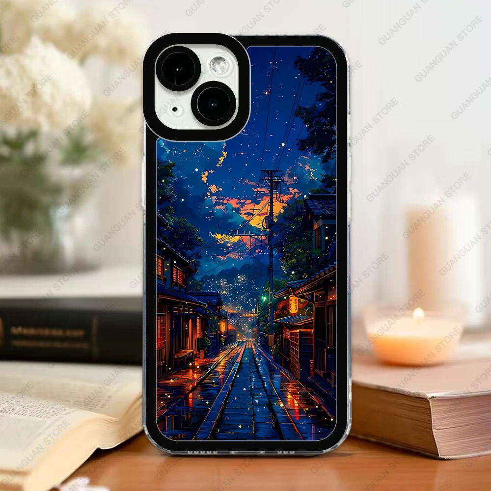 Case For iPhone 15 14 13 Pro Max 12 Mini 11 XS X XR SE 7 8 Plus Soft Cover Japanese Night Scene