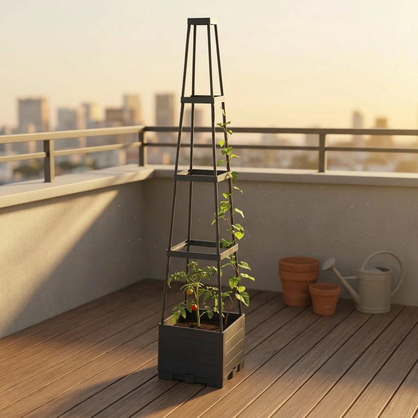 Planter with Trellis Textured Climbing Planter Box Plant Support Frame Footed Black for Rooftop