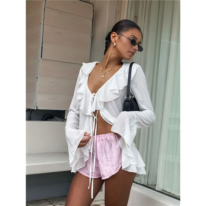 Tops con lazo frontal para mujer, blusa de manga larga con volantes y campana de malla transparente, Top corto