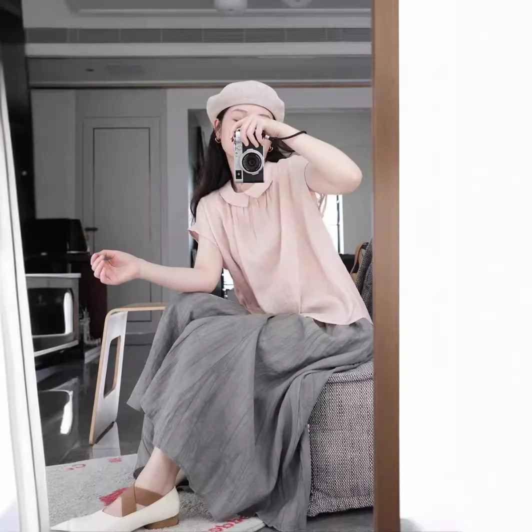 

Pink Short Sleeve Linen Shirt Women's Summer Thin Artistic Two-Way Wearable Shirt Comfortable Lightweight Feminine Top