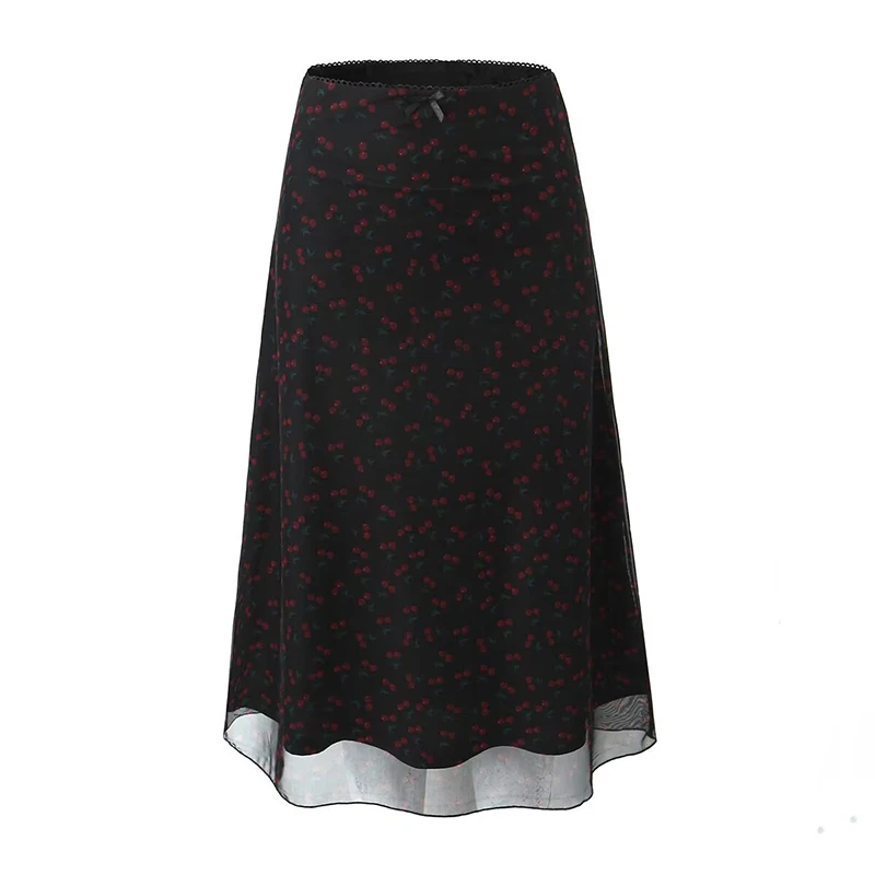 

YENKYE Vintage Printed Mesh Skirts Women Elastic Low Waist A-line Midi Summer Skirts