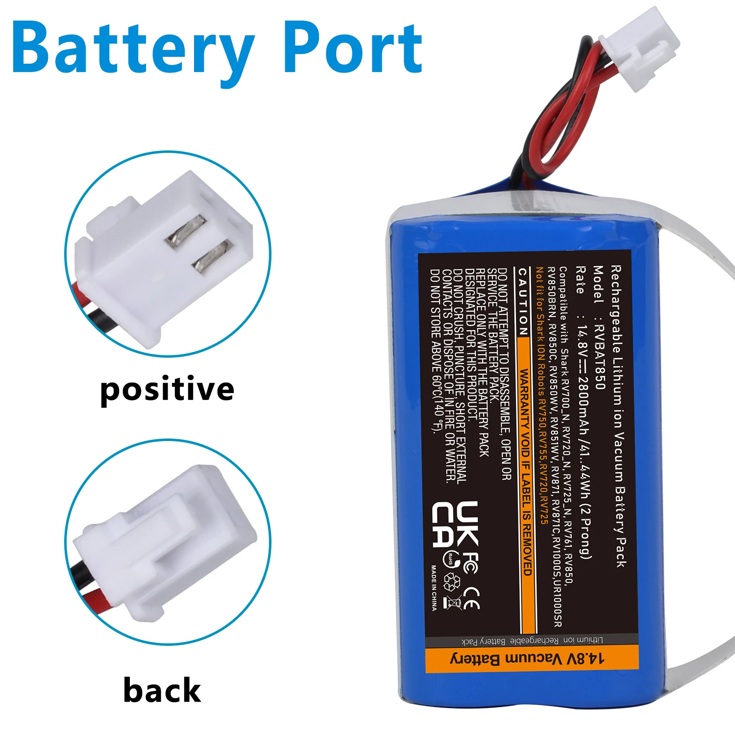 14.4V 2800mAh RVBAT850 Battery for Shark Ion RV700_N, RV720_N, RV725_N, RV761, RV850, RV850BRN, RV851WV, RV871, 2 Prong