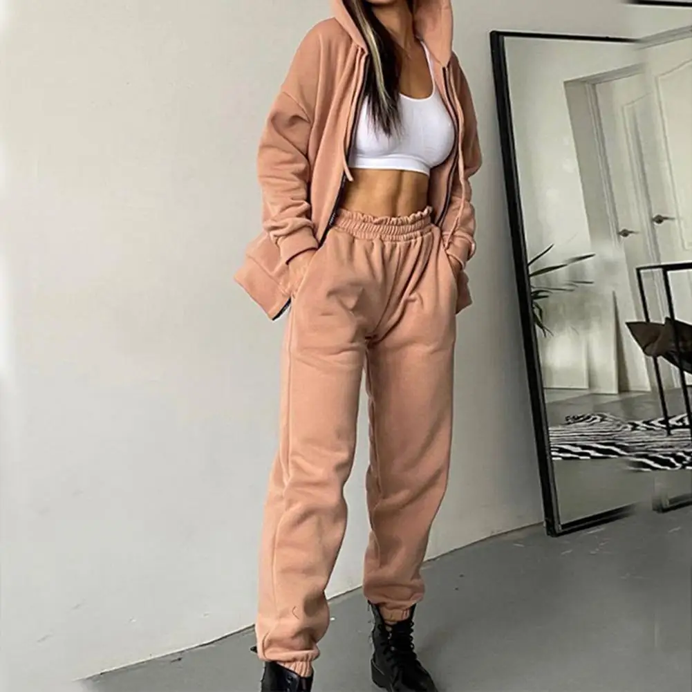 

2 Pcs/Set Women Coat Pants Set Loose Hooded Solid Color Long Sleeves Cardigan Keep Warm Casual Elastic Waist Women Tracksuit