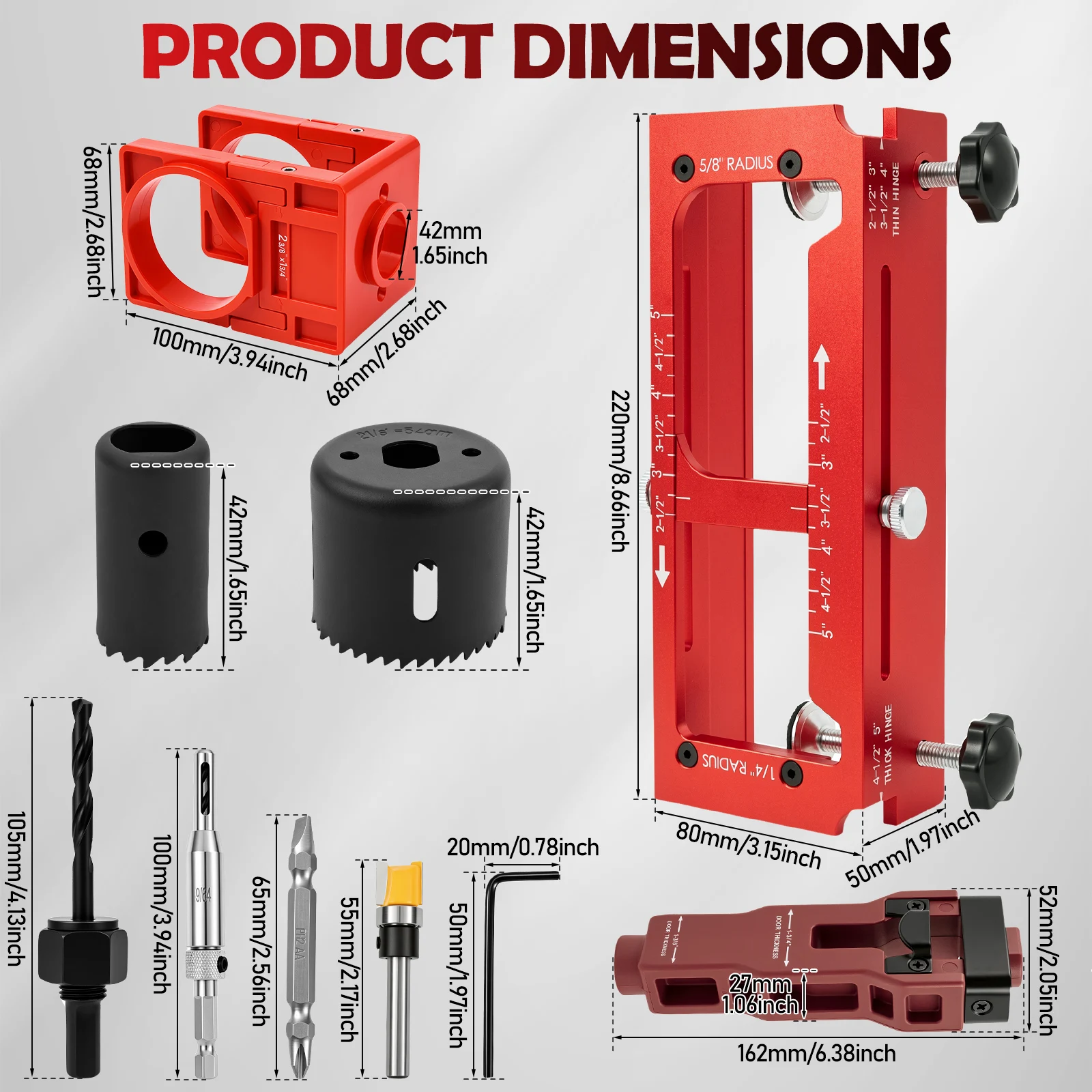 Hinge Drilling Fixture Aluminum Door Hinge Mortising Jig Kit with Hole Saw Drill Bit Door Hinge and Latch Installation Template