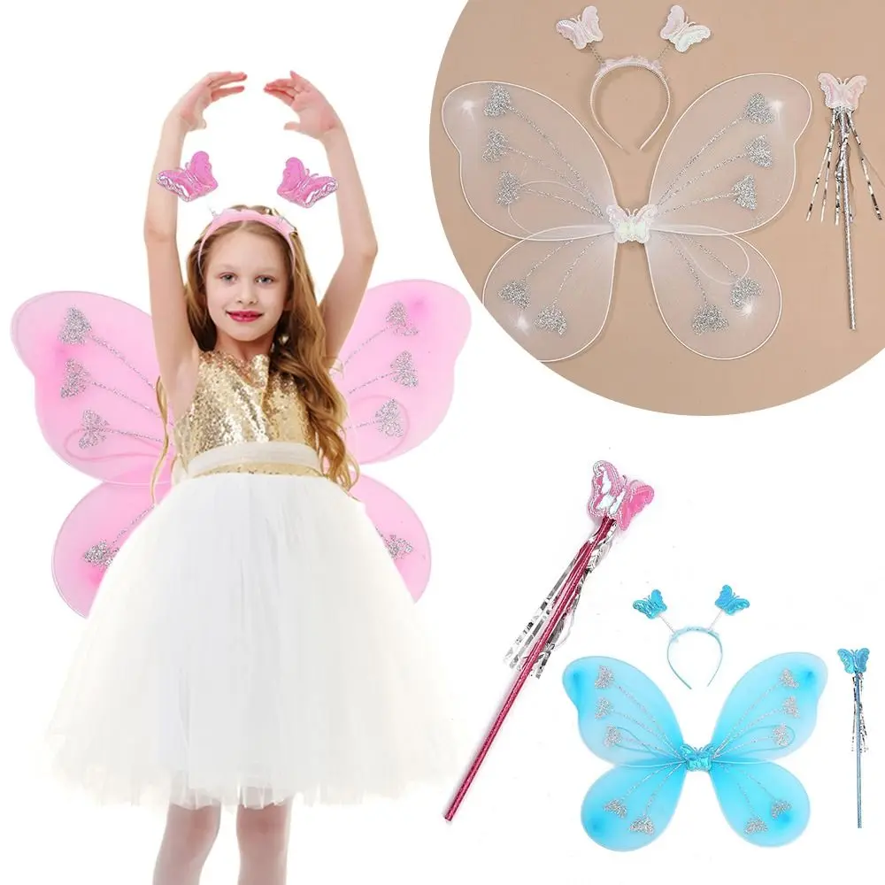 Fashion Costume Kids Butterfly Headband Wings Party Props Dressing Up Glitter Butterfly with Fairy Wand Fairy Wing Girls