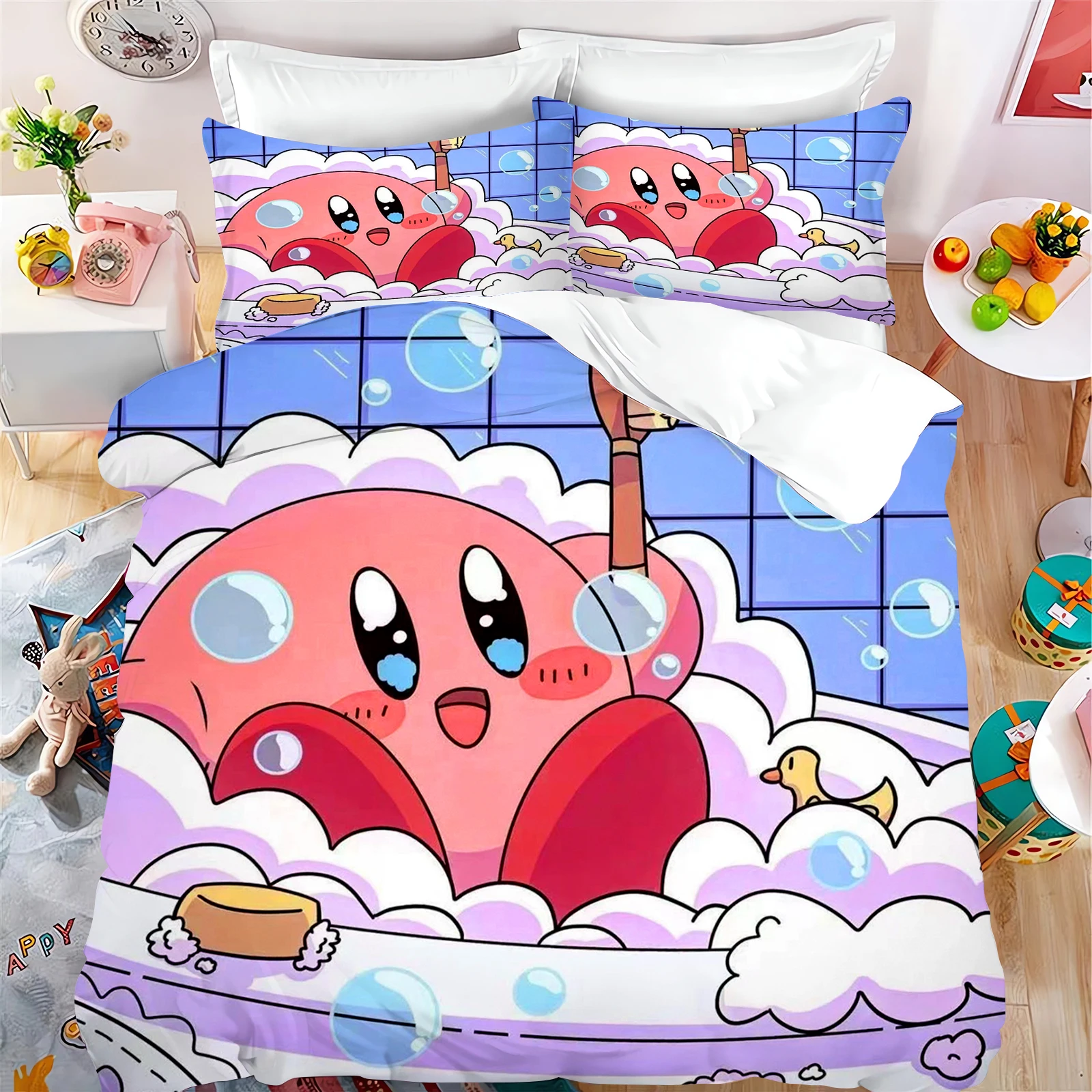 Cartoon Cute Home Kirby Quilt Dekbed Beddengoed Set 3d Kinderset Cover Kingsize Hoezen Kinderen Bedrukt 100% Polyester