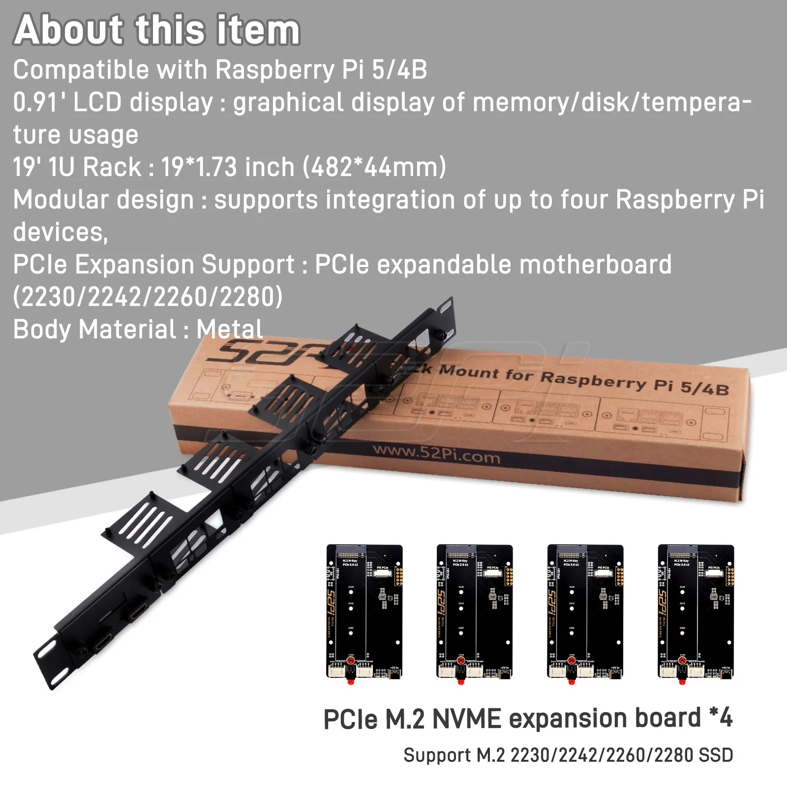 52Pi 1U Rackmount Steel Bracket Kit for Raspberry Pi 5 19 Inch 4 Slots M.2 NVMe SSD 2230/2242/2260/2280