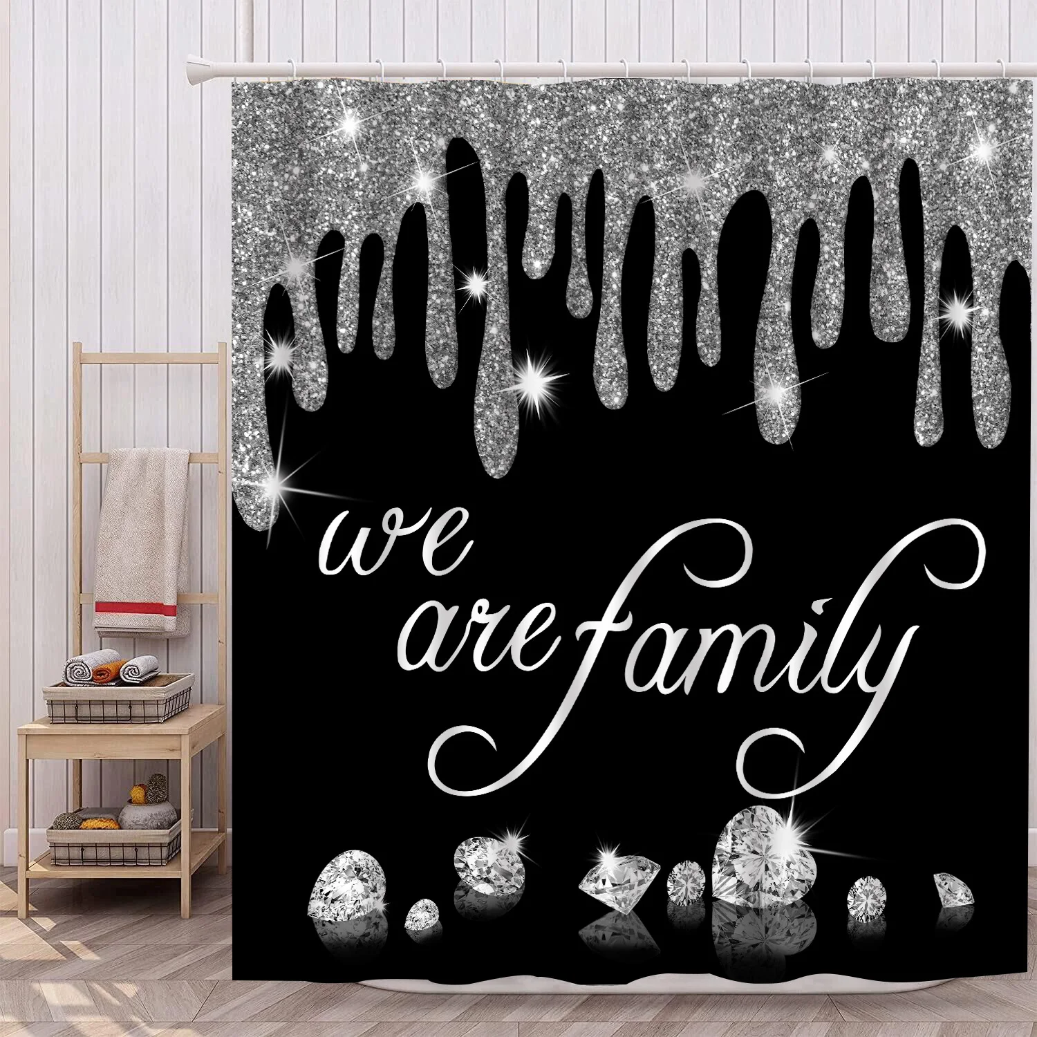 1Pc Sparkling diamond waterproof shower curtain, elegant luxurious bathroom decor, 12 plastic hooks.