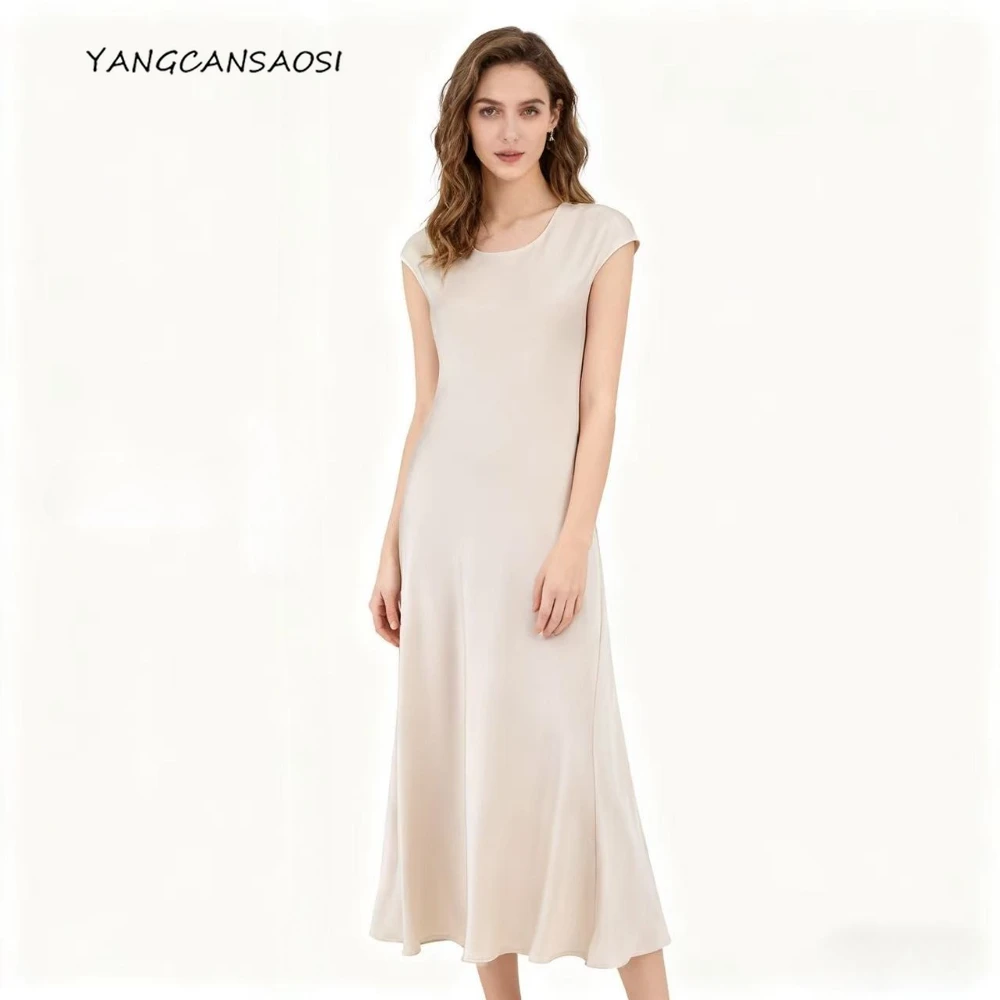 

Women's Fashionable Summer Clothing Temperament 100% Natural Mulberry Silk Satin Round Neck Rice Skin Casual Fishtail Dress
