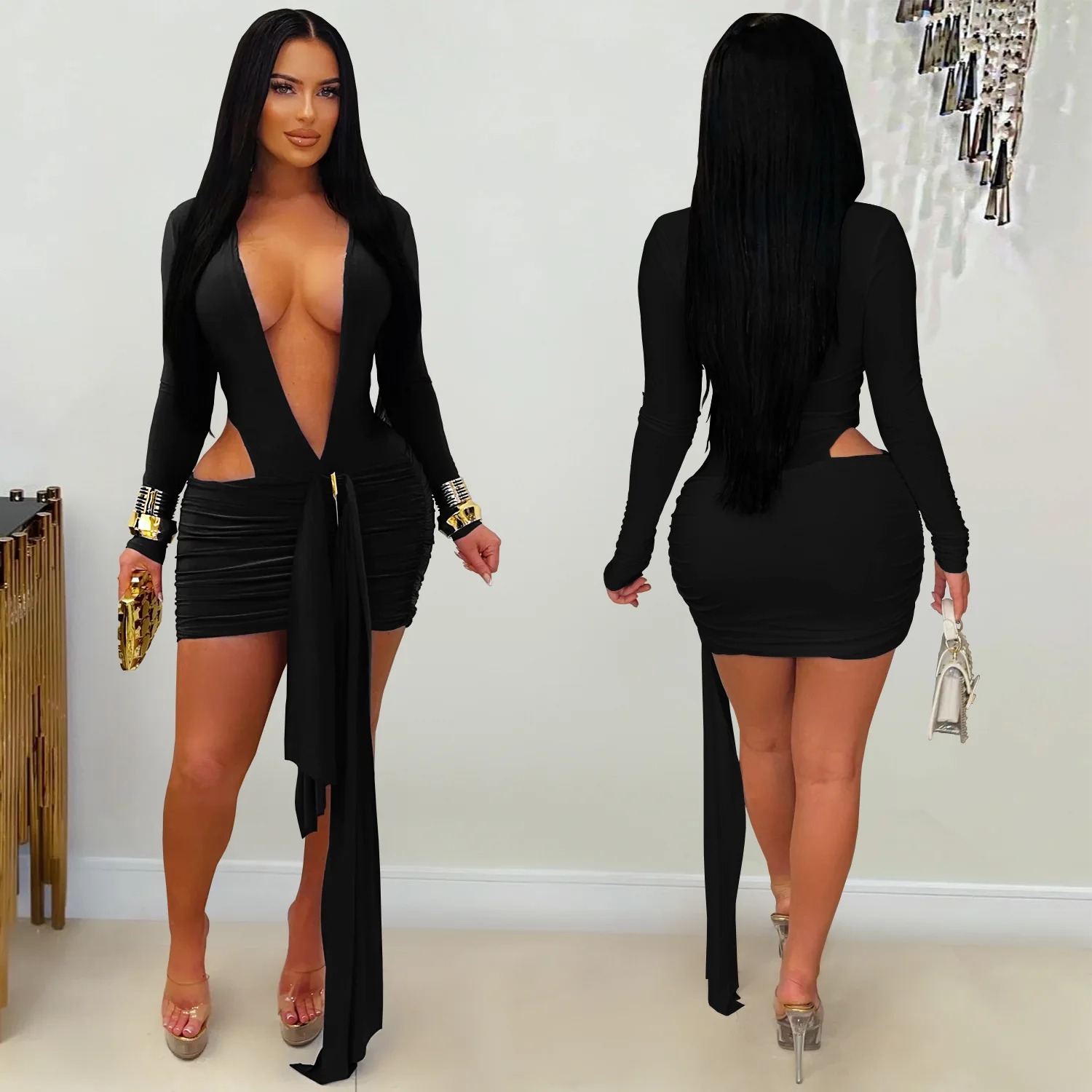 Mini abito dalla fasciatura sexy Abiti da sera da club 2025 Abiti da donna autunno inverno Abiti di lusso con scollo a V aderente Abito a pieghe da festa