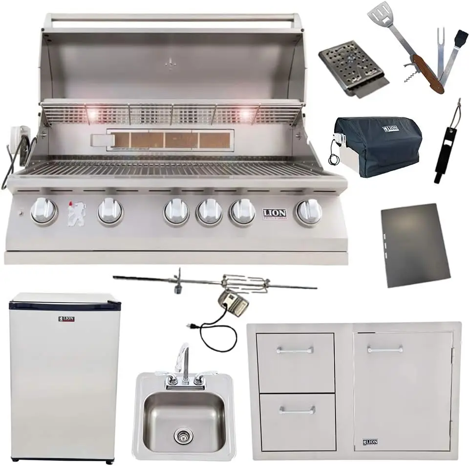 40-Inch Liquid Propane Outdoor Grill with Refrigerator, Door and Drawer Combo, Drop-In Sink and 5-in-1 BBQ Tool Set, Best Backyard Package Deal