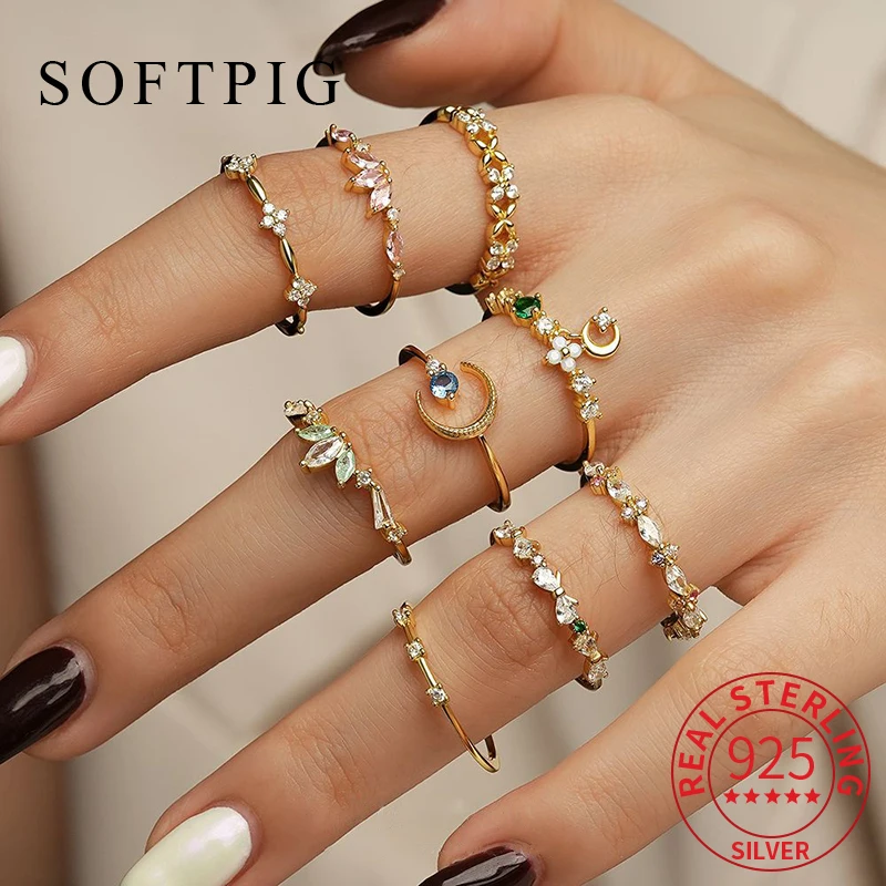 

SOFTPIG Real 925 Sterling Silver Hollow Colorful Zircon Flower Ring for Charms Women Cute Fine Jewelry Exquisite Accessories