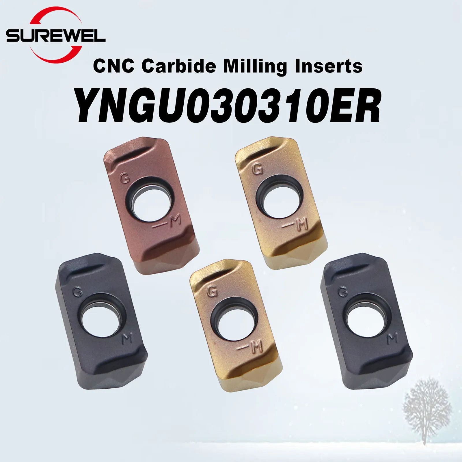 

SUREWEL YNGU030310ER Карбидная фрезерная вставка для черновой обработки с высоким подачей, двухсторонняя открытая режущая пластина для стального ЧПУ-фрезерования, совместимая с LOGU030310ER