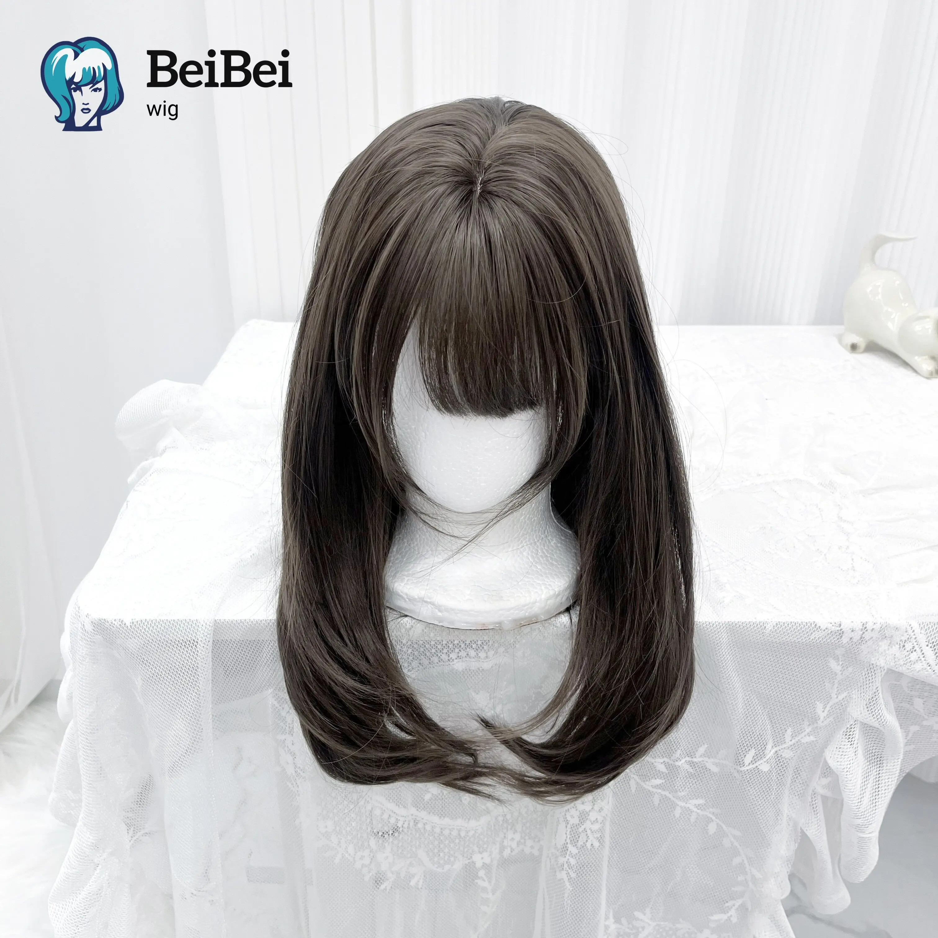 

Wig Brown Black 50cm High-layered with Bangs Synthetic Wigs for Women Girls Lolita with Heat Resistant Fibers Natural Hairline