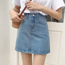 Lucyever Korean Women's Denim Skirt 2025 Summer High Waist A Line Mini Skirt Female Casual Pocket Solid Simple Jeans Skirt