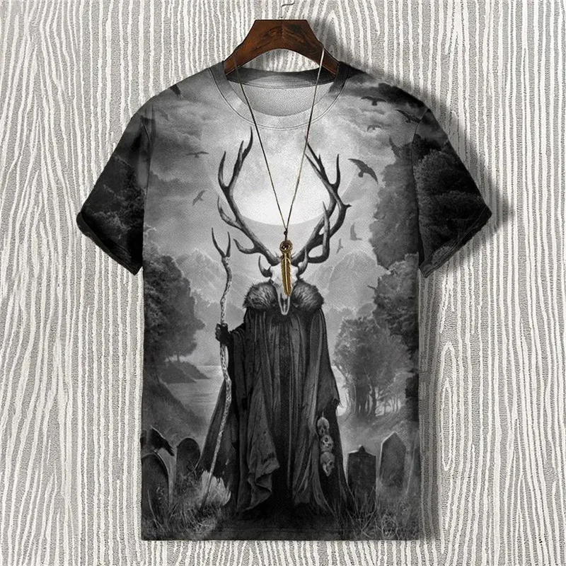 Demon Antlers Cat Pattern T Shirt For Men Retro 3D Printed Tees Summer Casual Short Sleeve Oversized Round Neck Tops T-Shirts