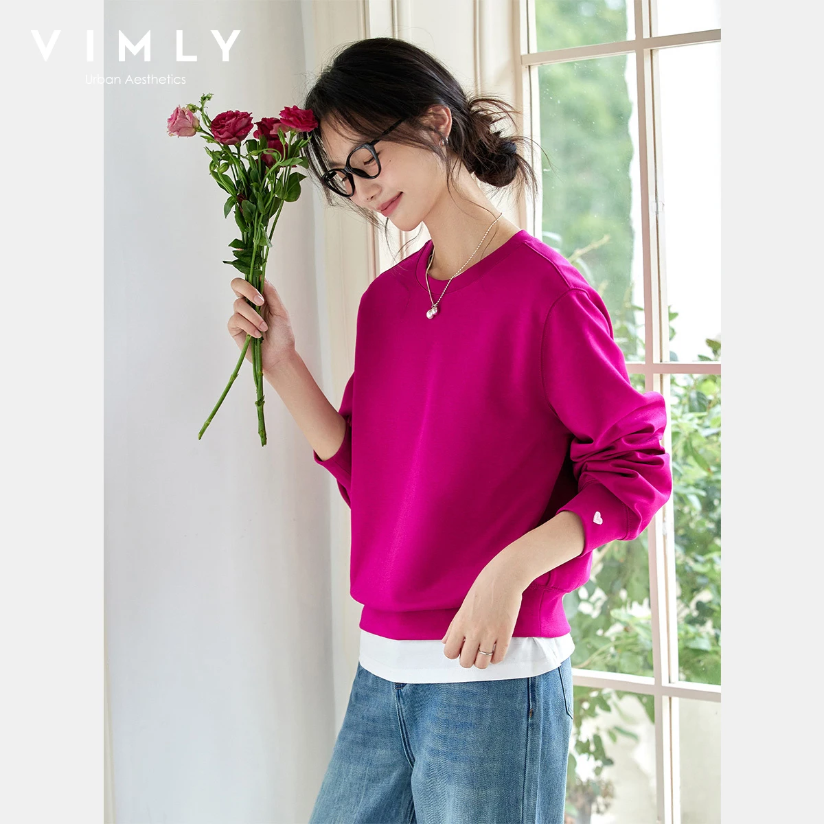 VIMLY Woman Sweatshirts Red Embroider Round Neck Long Sleeve Ladies Tops Autumn 2025 New Knitted Loose Sweatshirts Female A2211