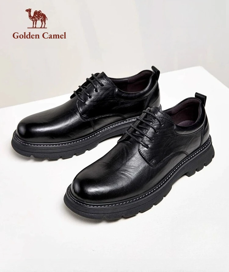 Golden Camel Men's Shoes 2026 Spring New Business Retro Casual Soft Sole Leather Shoes Thick Sole Height Increase Derby Shoes