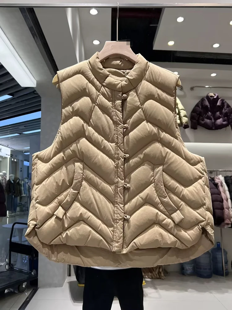 

Autumn Winter Warm Stand Collar Solid Down Vest Female Single Breasted Waistcoat Women White Duck Down Loose Sleeveless Vest Top