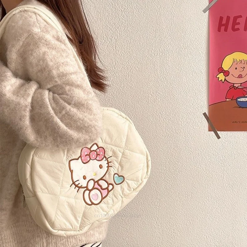 Sanrio Hello Kitty New Round Bag Cartoon Kuromi Melody Soft Cute Tote Bags Aesthetic Cotton Handabgs For Women Y2k Shoulder Bag