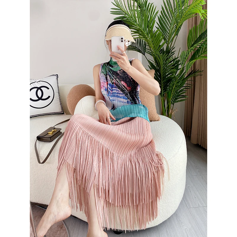 Miyake Pleated 2023 Summer New Fashion Temperament Half High Collar Print Top Sleeveless Slim Thin Bottoming Tank Tops Outside