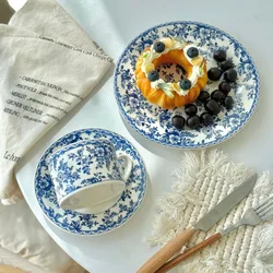 Retro Blue Ceramic Tableware, Western Restaurant, Coffee Cups and Plates, Dessert Dim Sum Plate, Home Accessories