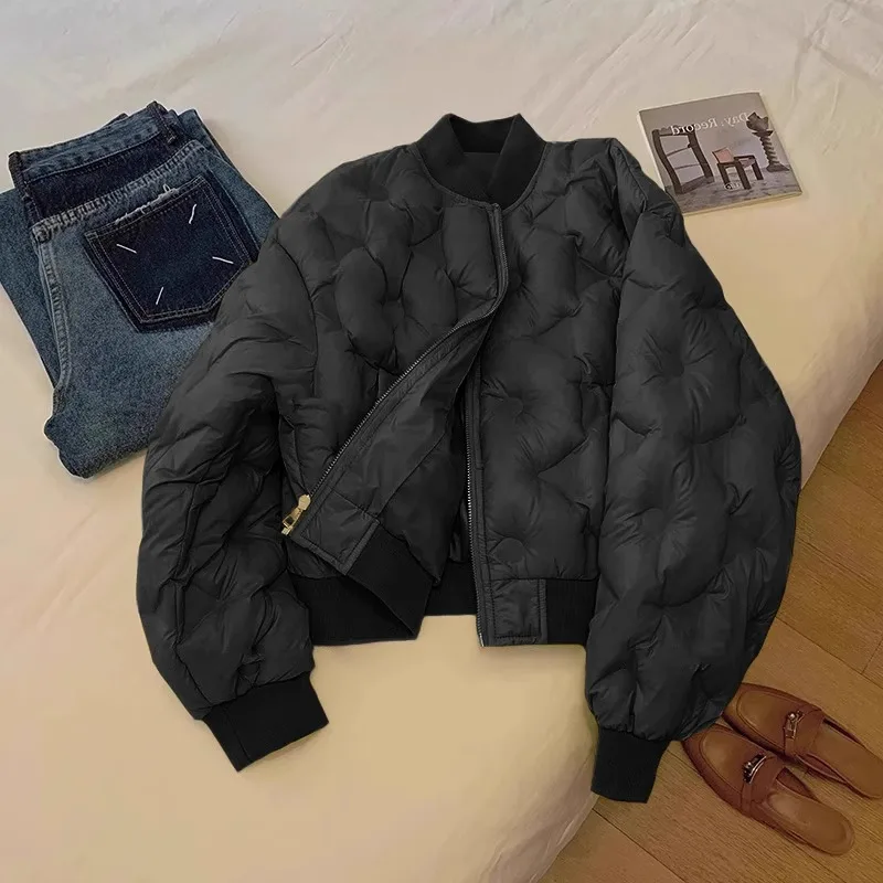 

Black Standing Collar Cotton Jacket for Women Korean Style Casual Short Quilted Coat Female Zipper Warm Lightweight Outerwears