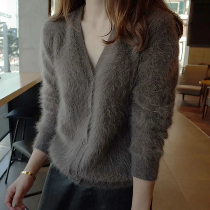 

2021 Women Mink Cashmere Cardigans New Button Sweaters Korean Crop Knitted Coat Woman Tricot Short White Black Sweaters Female