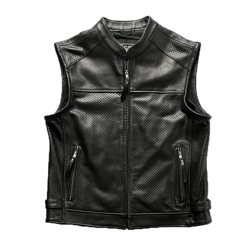 Spring and Summer Black Stand Collar Mesh Breathable Outdoor Leisure Motorcycle Men's Cowhide Jacket Zipper Leather Vest